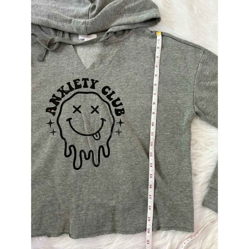 NWT Anxiety Club Dripping Smiley Face Gray Hooded Sweatshirt Oversized SZ Small - Picture 9 of 12